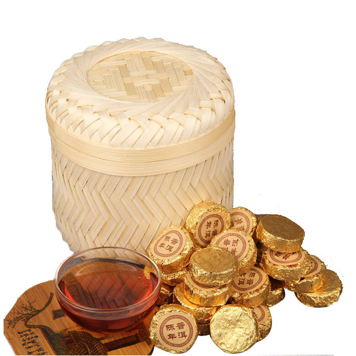 High Quality Puerh Tea Ripe Puer Small Golden Cake Premium Bamboo Basket 500g