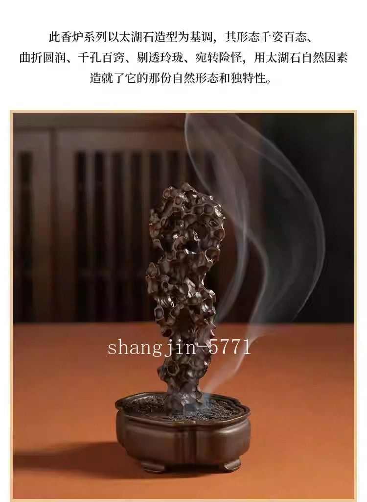 Brass Carved Taihu Lake Stone Statue Incense Burner Home Zen Decor Collection
