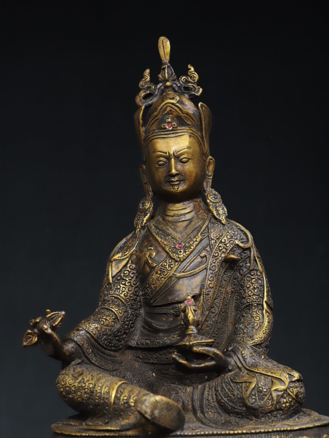 15.7" China Old Tibetan Buddhism Temple Bronze Gilt Padmasambhava Buddha Statue