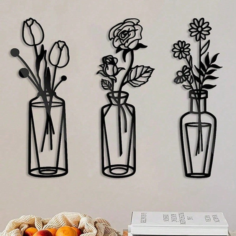 3-Piece Metal Flower Wall Decor Set Simple Iron Vase Wall Art for Home Room