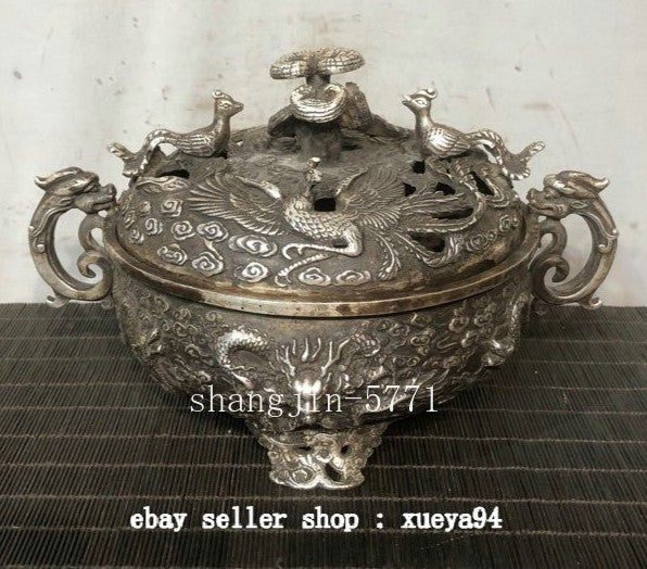 9" Old Chinese Dynasty Bronze Silver Dragon Phoenix Beast Incense Burner Censer
