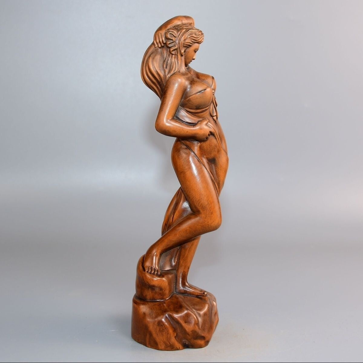 8.7" Old Boxwood Carved Girl Statue Wood Carving Collection Home Decor