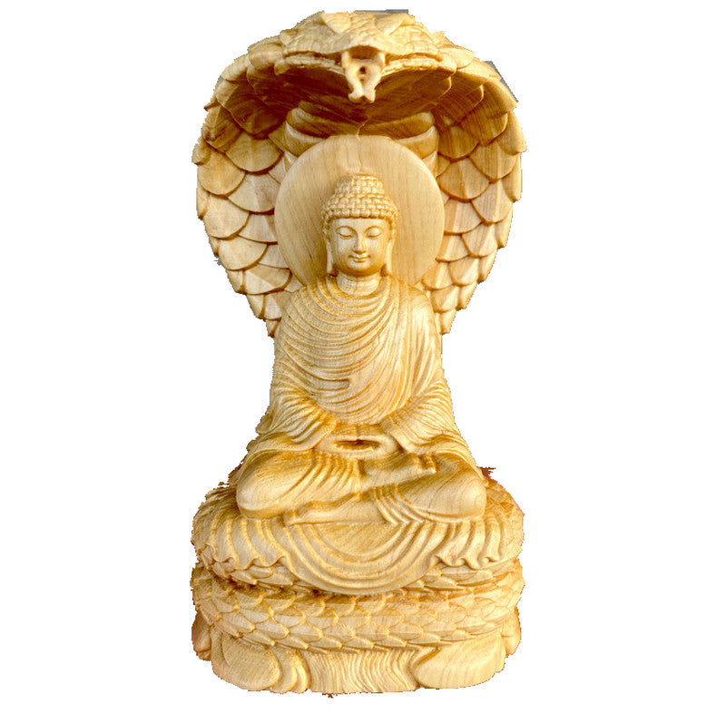 Cypress Wood Carved Snake Buddha Statue Buddhism Animal Sculpture Decor