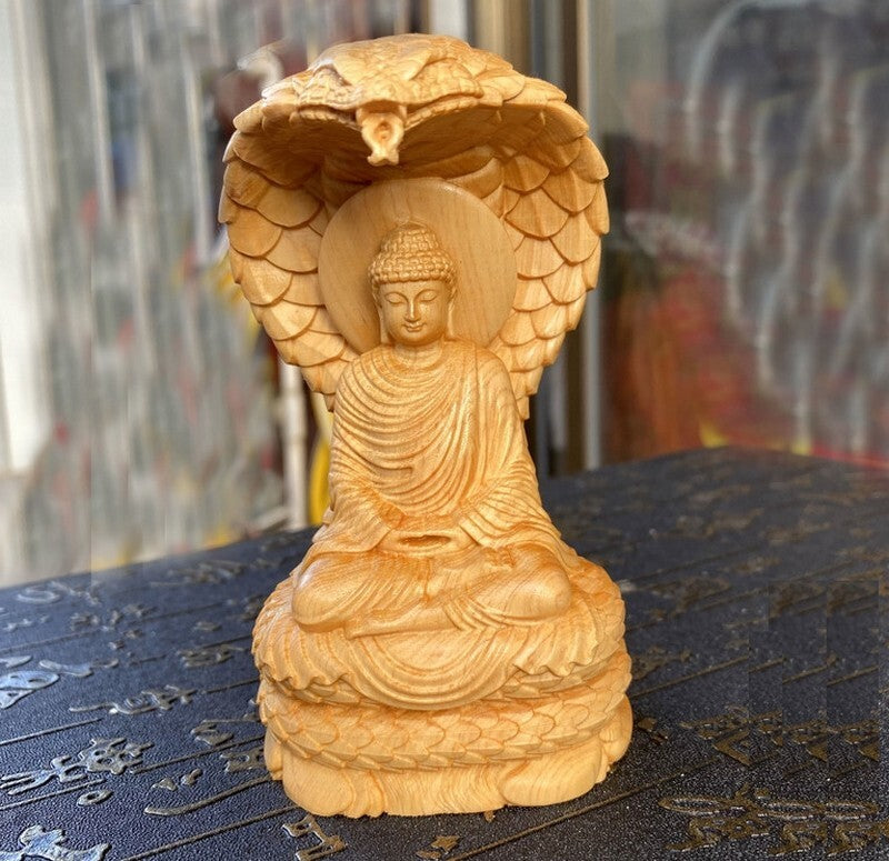 Cypress Wood Carved Snake Buddha Statue Buddhism Animal Sculpture Decor