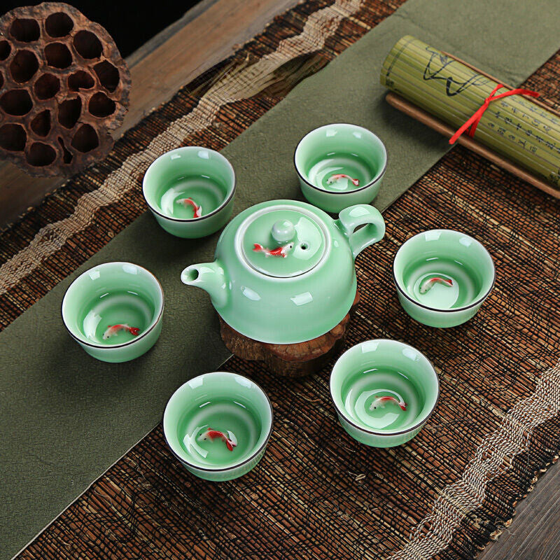 Tea Pot + Six Matching Tea Cups Green Porcelain Tea Set Fish Carved China Pots