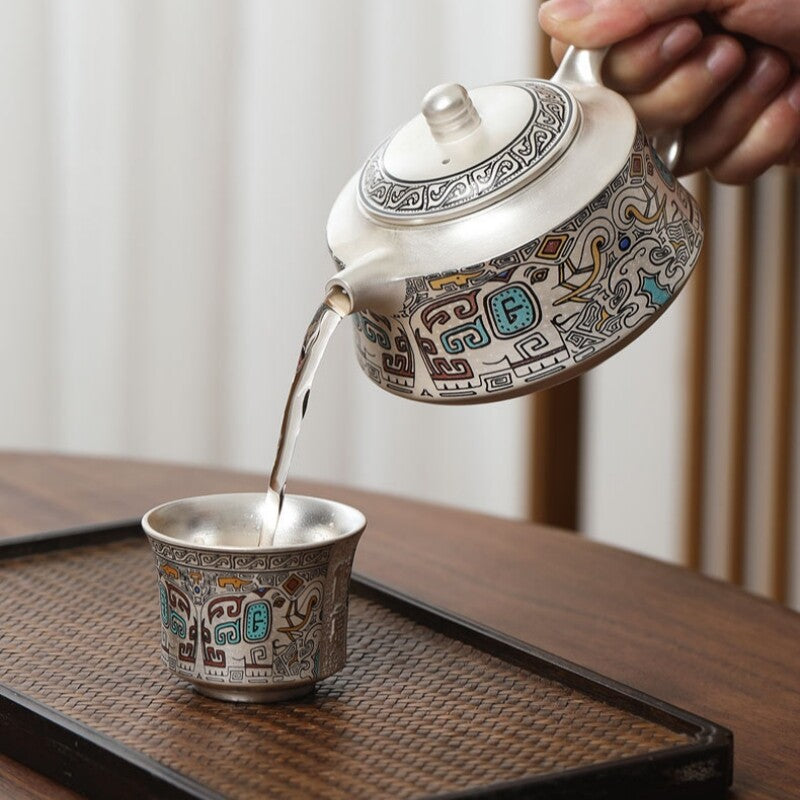 Ceramic Sterling Silver Tea Pot Handle Matching Tea Cup Chinese Kungfu Tea Set