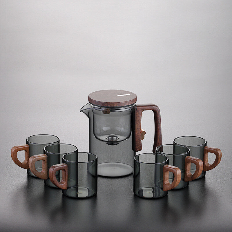 Boutique Tea Pot Matching Cup Glass Wood Handle Tea Tray Tea Water Separation