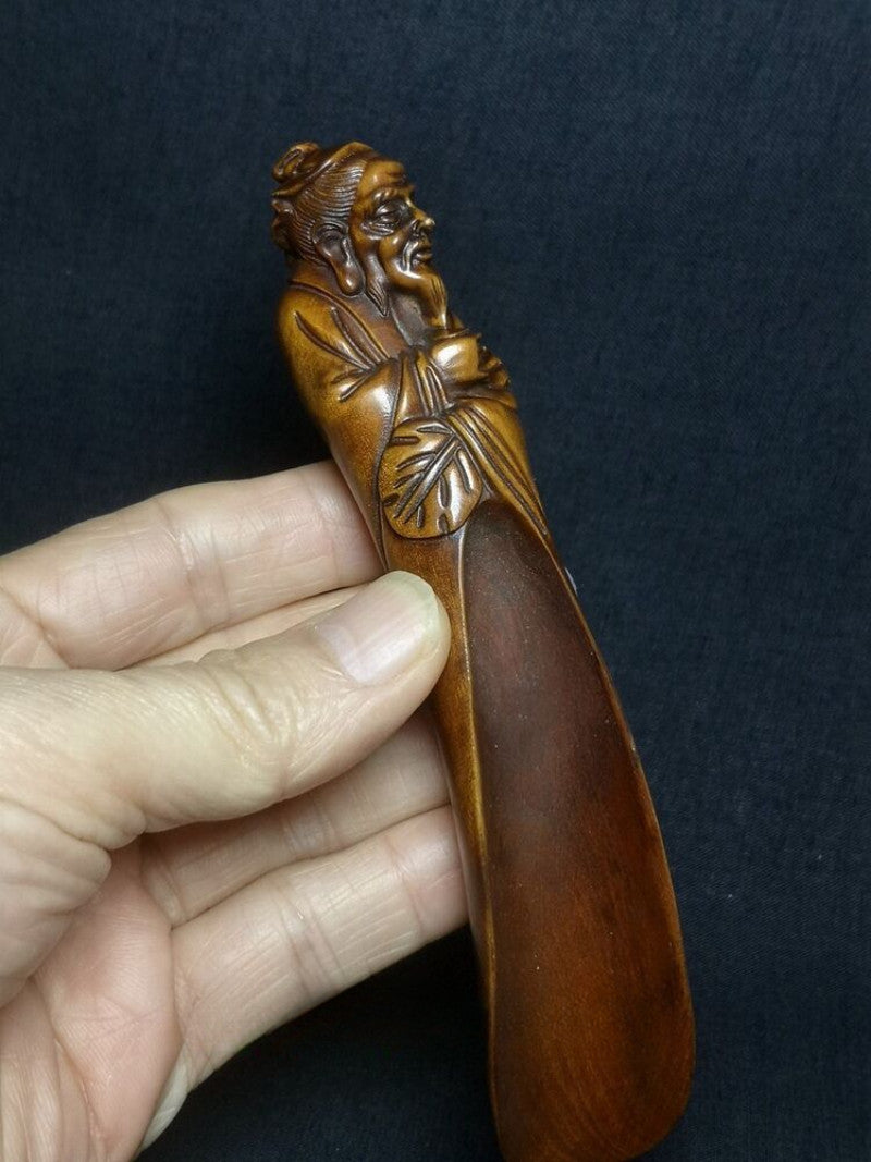 Chinese Boxwood Hand Carved Old Man Longevity Statue Tea Spoon Collection