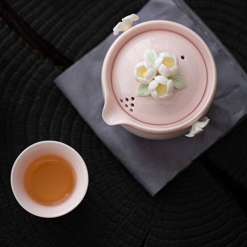 Complete Tea Set For Lady Ceramic Tea Pot Handmade Floral Relief Tea Cup Tray