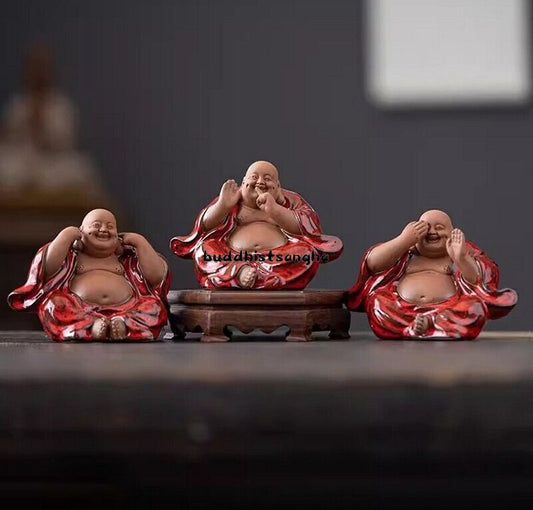 3 Pcs Chinese Zi Sha Clay Laughing Maitreya Buddha Statue Zen Decor