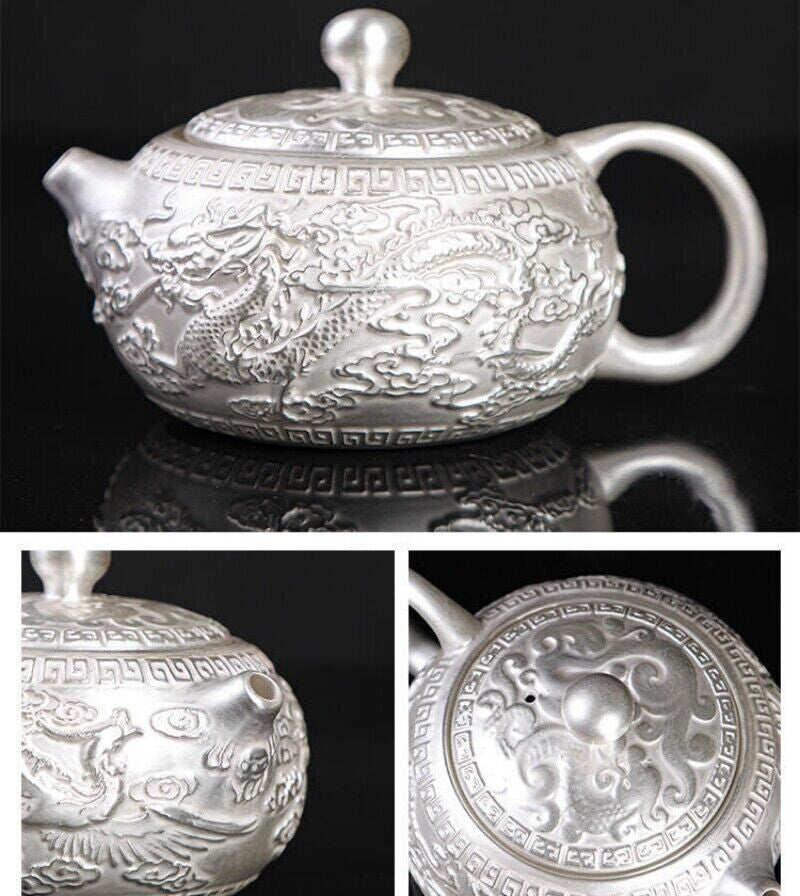 999 Pure Silver Tea Set Handmade Tea Pot Sterling Silver Tea Cup Dragon Relief