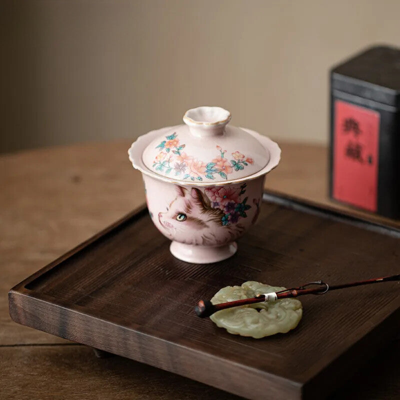 Pink Ru Kiln Flower Cat Gaiwan Tea Tureen Tea Cup Tea Maker Kung Fu Tea Set