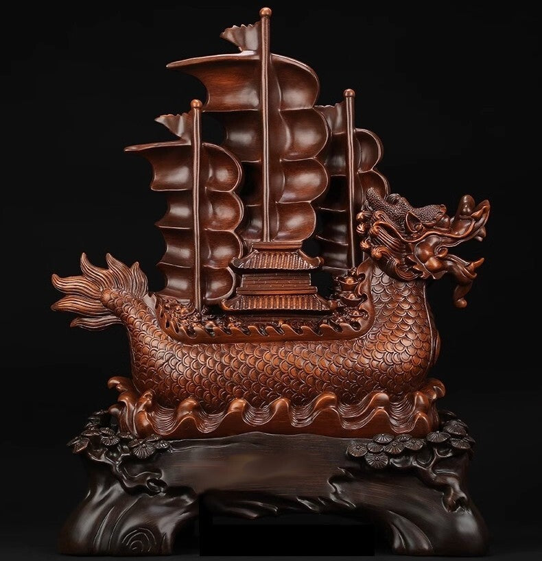 Smooth Sailing Dragon Boat Statue Chinese Feng Shui Craft Home Office Decoration