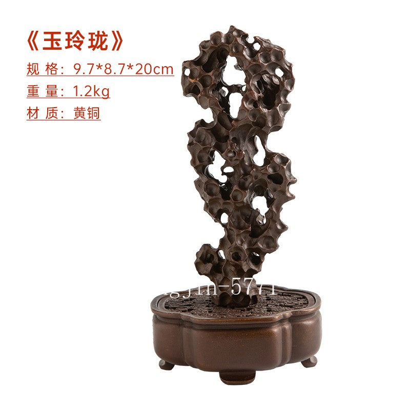 Brass Carved Taihu Lake Stone Statue Incense Burner Home Zen Decor Collection