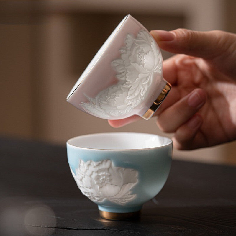 Shadow Carving Flower Teacup Handmade Tea Bowl Portable Travel Personal Tea Set