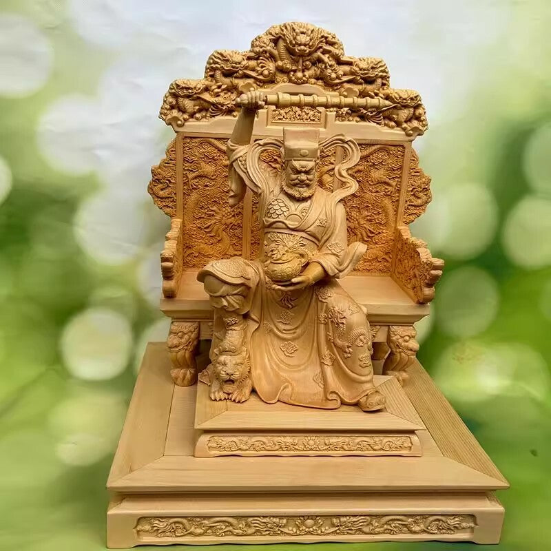 12" Cypress Wood Carved Zhao Gongming God of Wealth Statue Feng Shui Home Decor