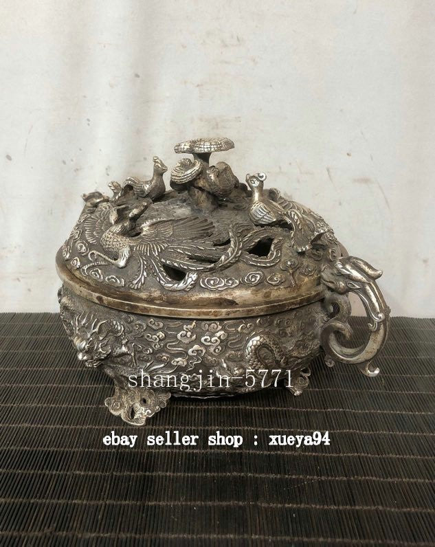 9" Old Chinese Dynasty Bronze Silver Dragon Phoenix Beast Incense Burner Censer