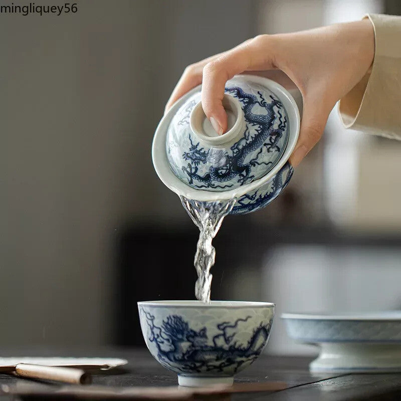 Dragon Gaiwan for Tea Ceramic Tureen with Lid Teaware Set Chinese Blue Tea Bowl