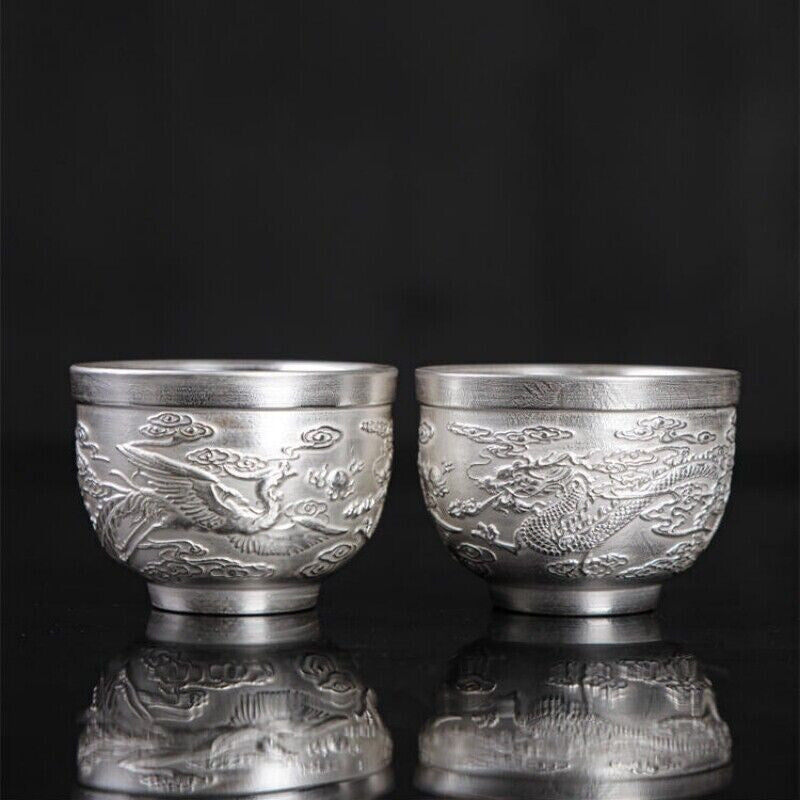 999 Pure Silver Tea Set Handmade Tea Pot Sterling Silver Tea Cup Dragon Relief