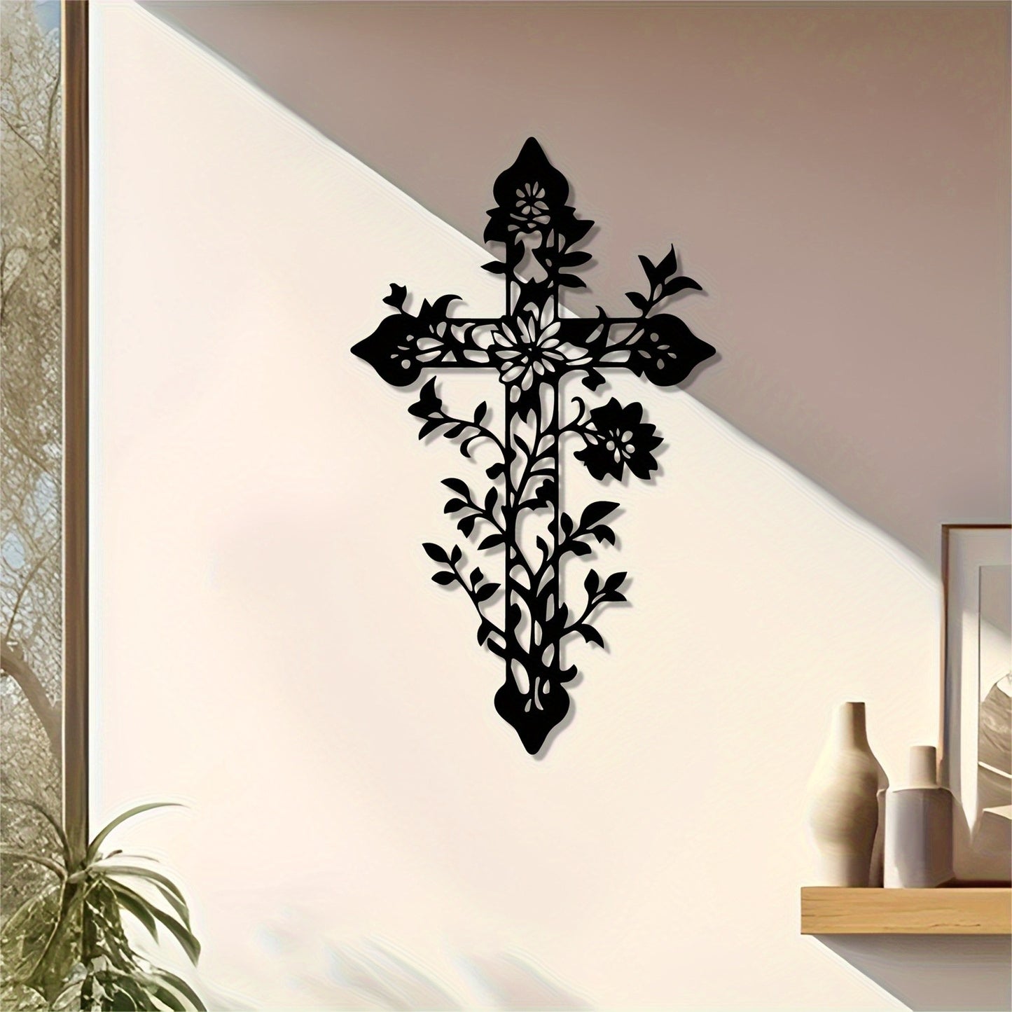 Vintage Cross with Floral Branches - Christian Metal Wall Art for Believers Gift