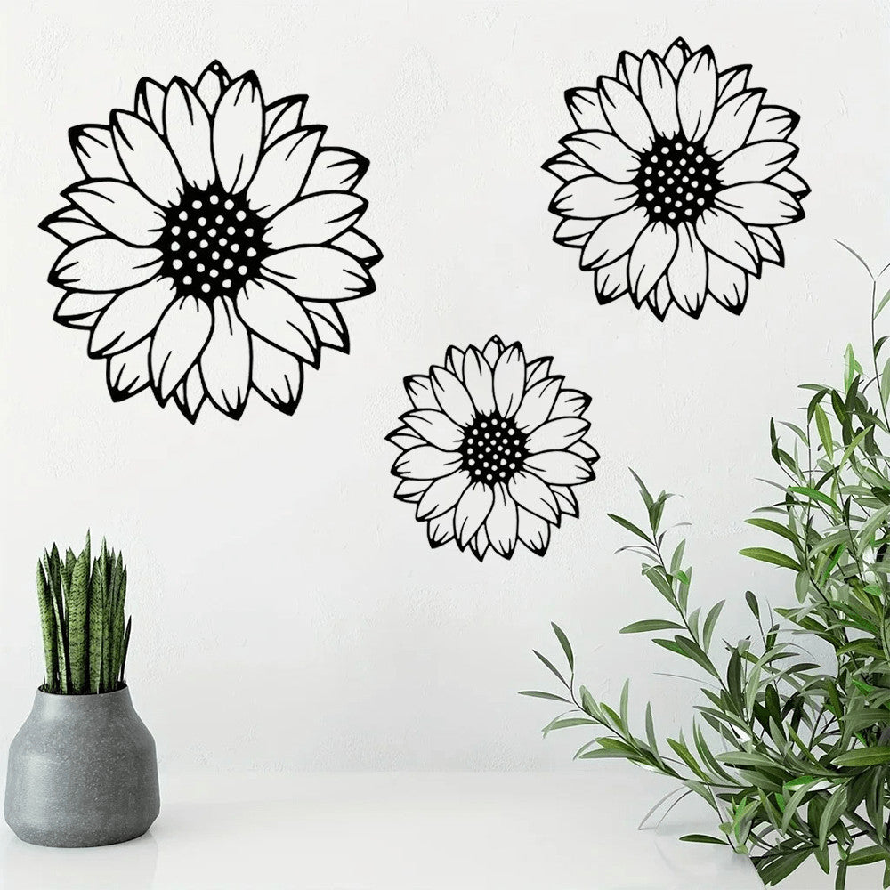Boho Sunflower Wall Decor Set of 3-Metal Silhouette Pendant Sculptures