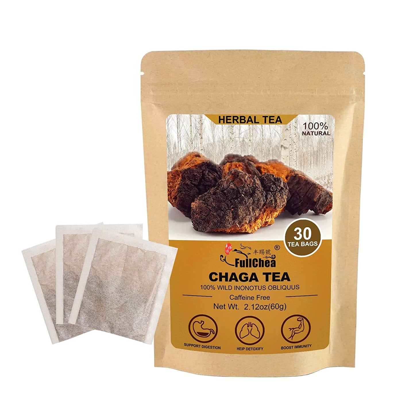 2024 FullChea Chaga Tea Bags, 2g * 30 Teabags - Premium Chaga Herbal Tea