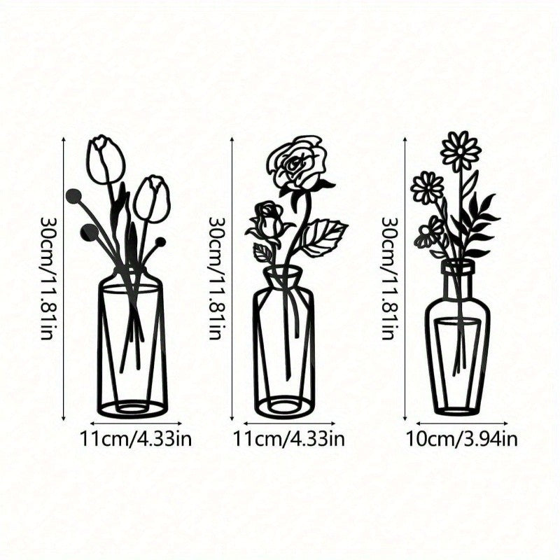 3-Piece Metal Flower Wall Decor Set Simple Iron Vase Wall Art for Home Room