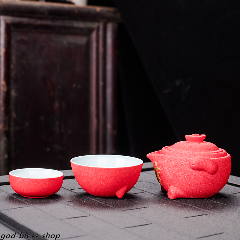 Travel Tea Set with Portable Tea Bag Porcelain Tea Pot + 2 Tea Cup Wealthy Cat