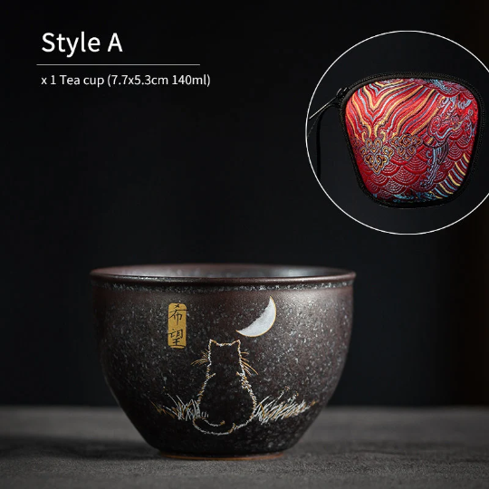 Lovely Cat Black Ceramic Tea Cup Asia Tea Cup for Tea Lover 140ml
