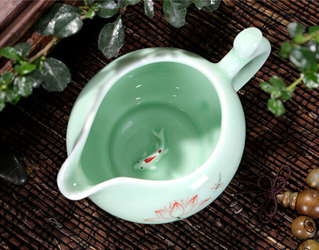 One Tea Pot + Six Tea Cups Longquan Celadon Porcelain Tea Set Fish Relief Floral