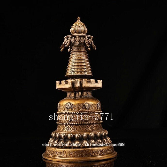 Old Tibet Buddhism Copper 8 Auspicious Symbol Buddha Stupa Pagoda Tower Statue