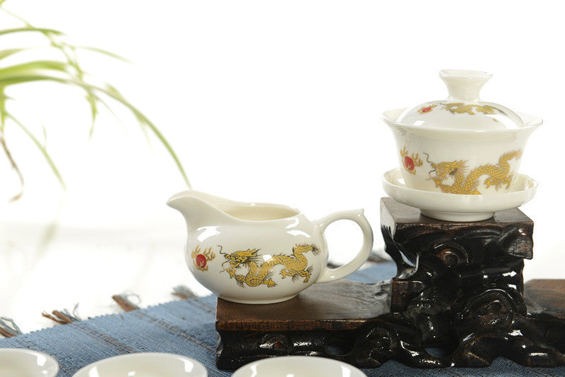 Tea Pot Dragon White Jade Porcelain Ceramic KungFu Tea Set Cup Teapot Sauser Set