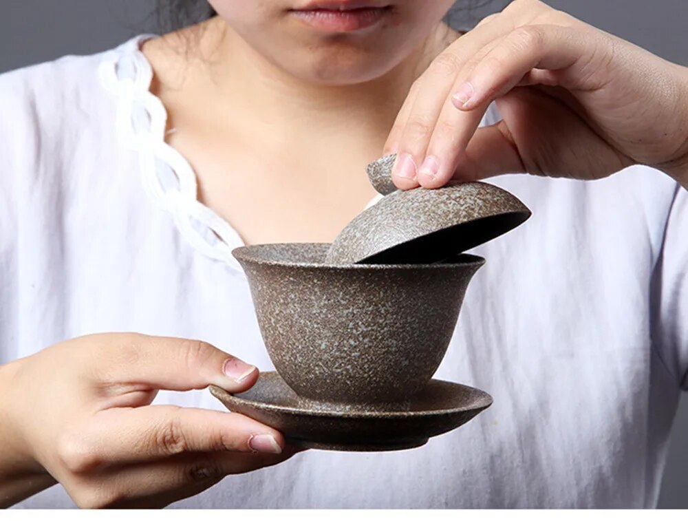 Vintage Gaiwan 150ml Handmade Japanese Black Ceramic Pottery Tea Tureen Kung Fu