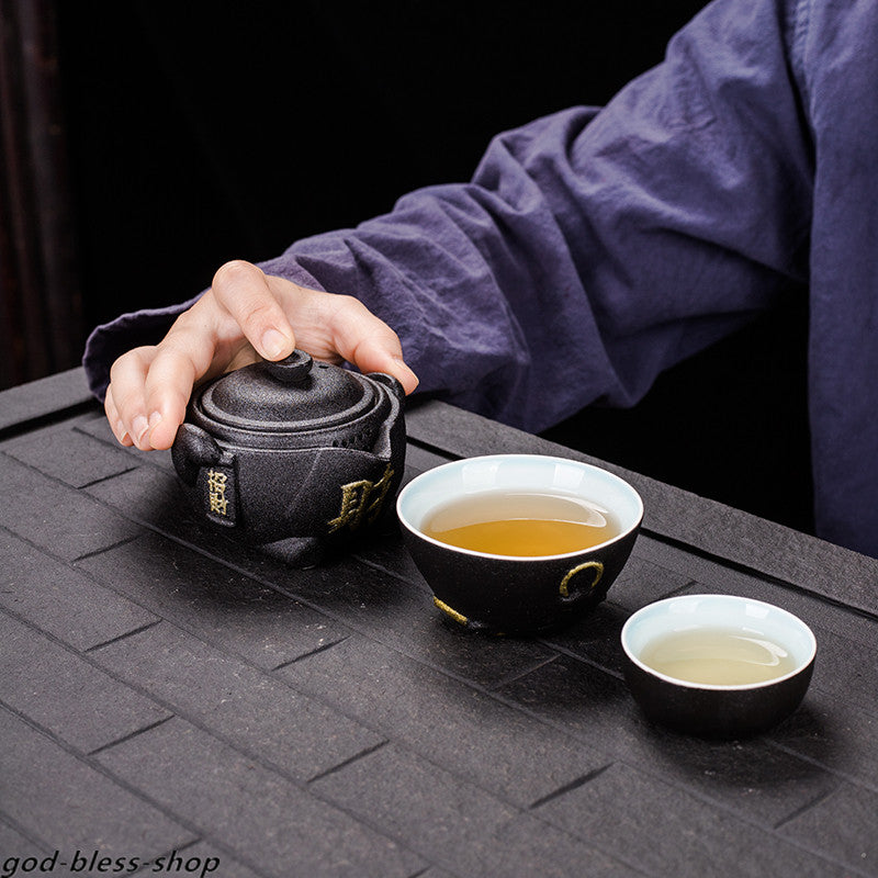 Travel Tea Set with Portable Tea Bag Porcelain Tea Pot + 2 Tea Cup Wealthy Cat