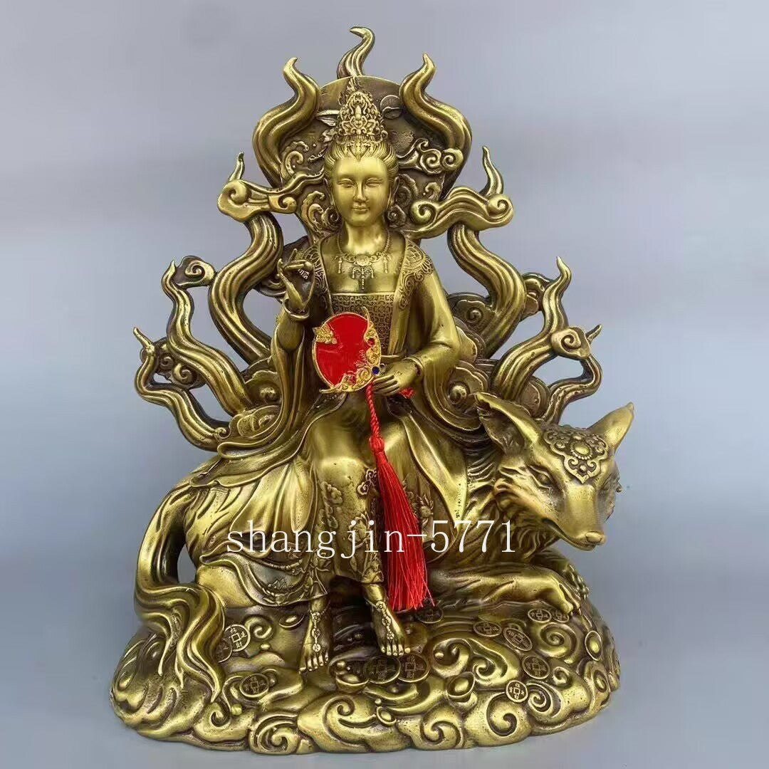 Brass Nine-tailed Fox Godness Statue Couple Love Feng Shui Bedroom Decor