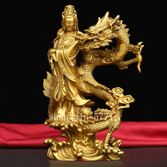 10" Brass Avalokitesvara Riding Dragon Statue Guan Yin Buddhism Home Decor