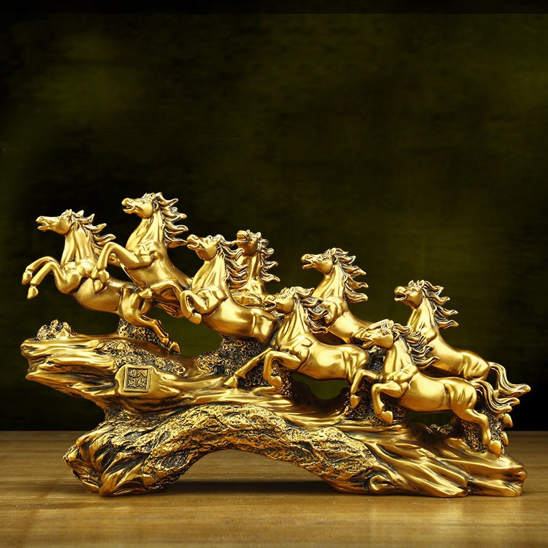 14" China Feng Shui Resin Auspicious Success Nine Horse Pentium Statue