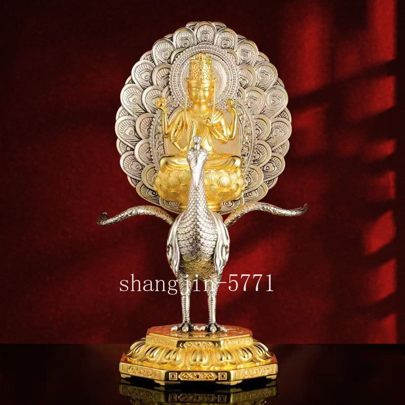 Copper Gilded Silver Peacock Bodhisattva Worship Ornament Vajra Buddha Statue