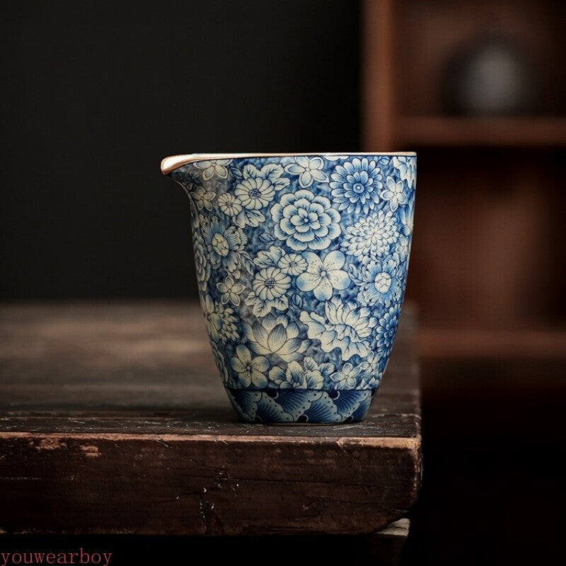 Flowers Ceramic Pottery Fair Cup Chinese Zen Teacup Teaware Blue Tea Ceremony