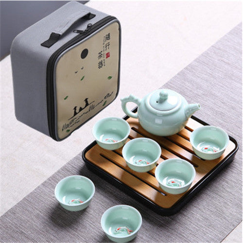 Chinese tea set porcelain tea cups fish relief ceramic tea pot portable tea tray