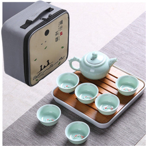 Chinese tea set porcelain tea cups fish relief ceramic tea pot portable tea tray