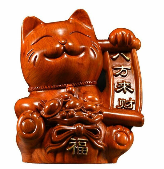 6" Chinese Rosewood Carved Maneki Neko Statue Lucky Cat Feng Shui Decor