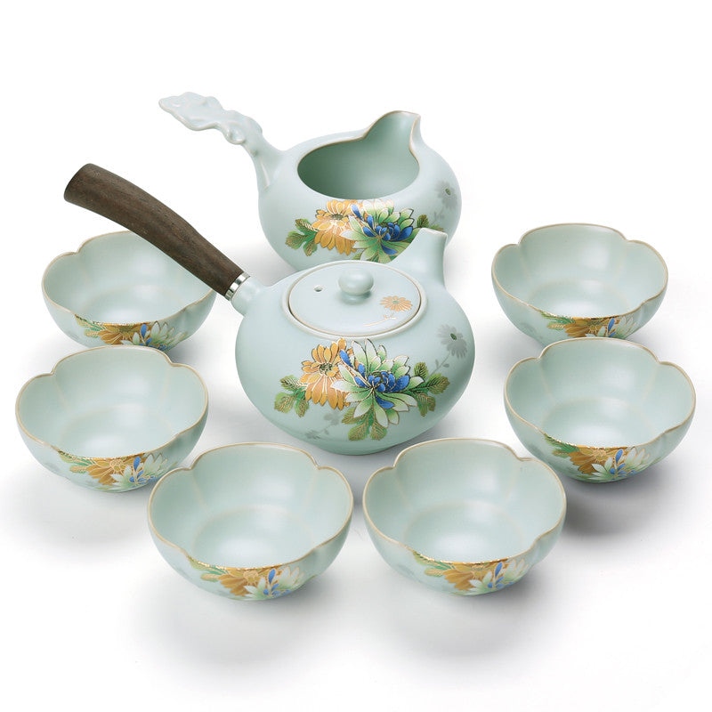 Complete Tea Set Boutique Ruyao Craft Flower Relief Tea Pot Gaiwan Tea Cups Bowl