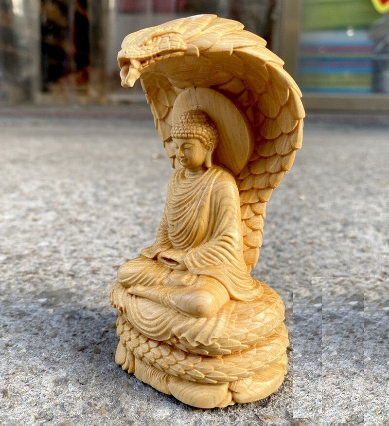 Cypress Wood Carved Snake Buddha Statue Buddhism Animal Sculpture Decor