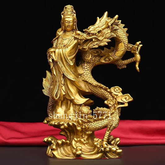 10" Brass Avalokitesvara Riding Dragon Statue Guan Yin Buddhism Home Decor