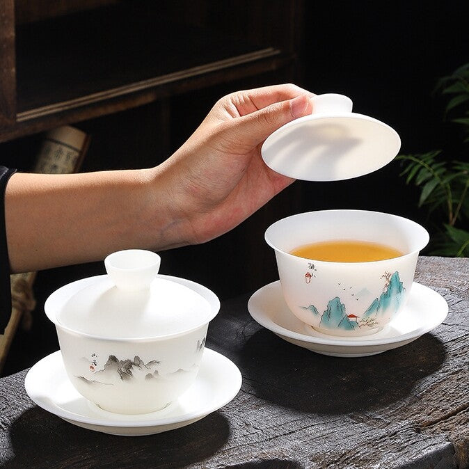 Jade Porcelain Gaiwan Hand Drawing Boutique Tureen Cup Saucer Lid Sancai Bowl