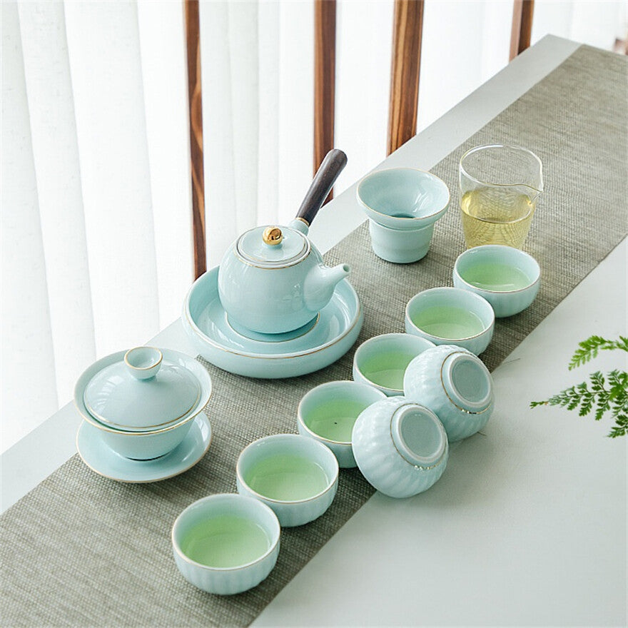 Boutique Celadon Tea Set Porcelain Tea Pot Tea Cups & Mats Pitcher Tea Strainer