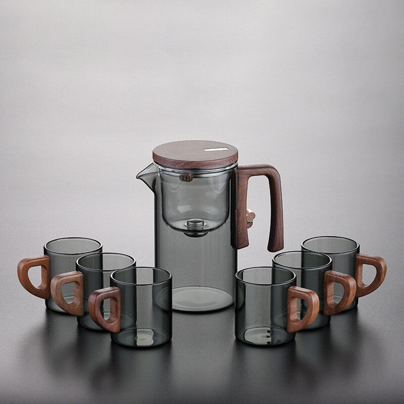 Boutique Tea Pot Matching Cup Glass Wood Handle Tea Tray Tea Water Separation