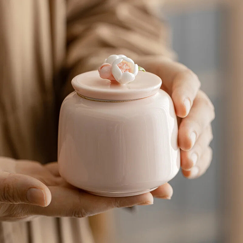 Handmade Ceramic Tea Caddies Tea Container Porcelain Pink Flower Tea Caddy