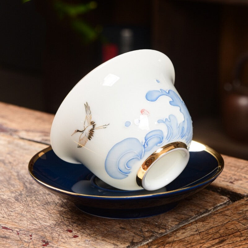 Hand Painted Crane Porcelain Gaiwan Sancai Bowl Saucer Lid 150ml Ceramic Tureen